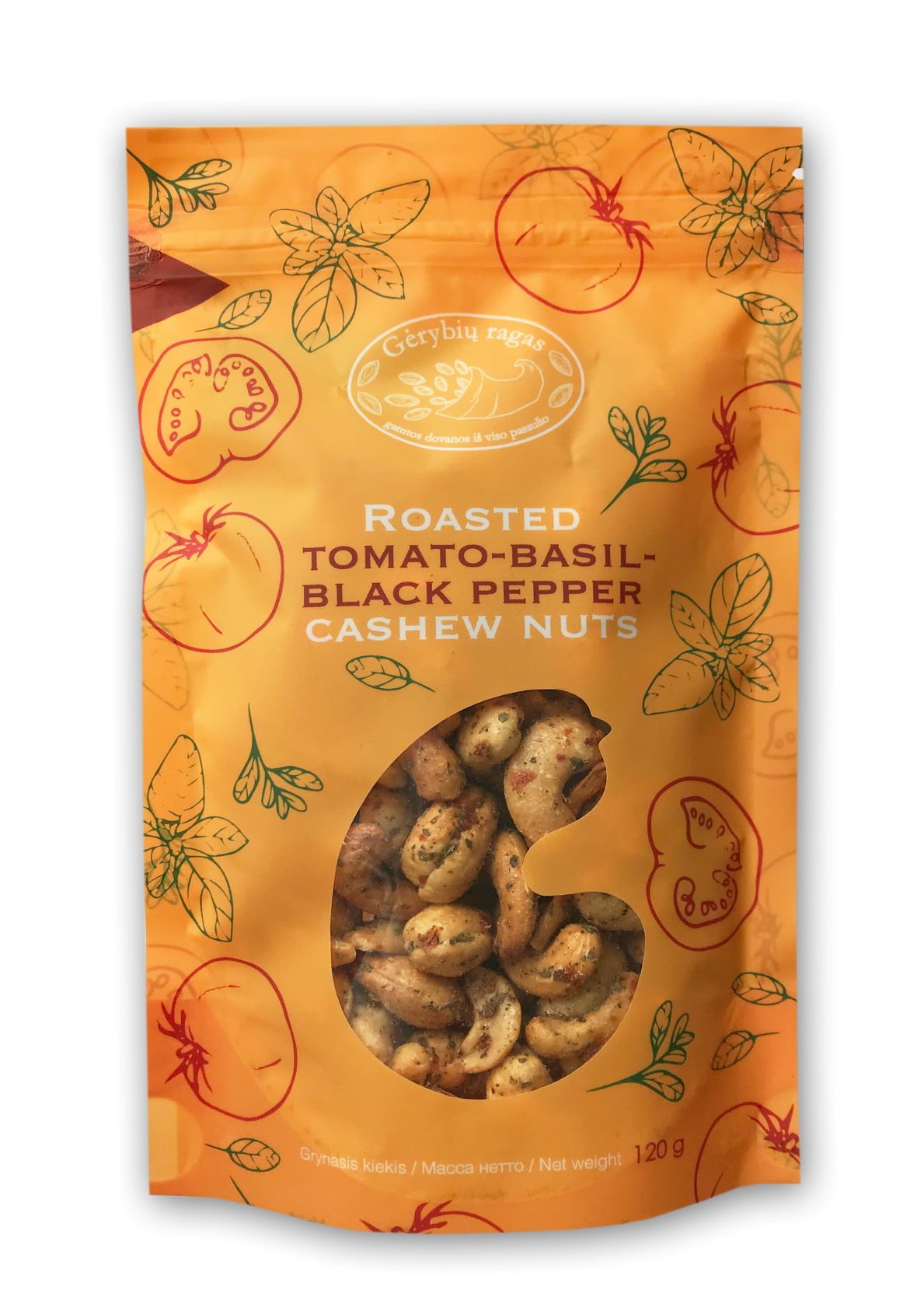 GĖRYBIŲ RAGAS Kepinti anakardžiai  su pomidorais, baziliku ir juodaisiais pipirais